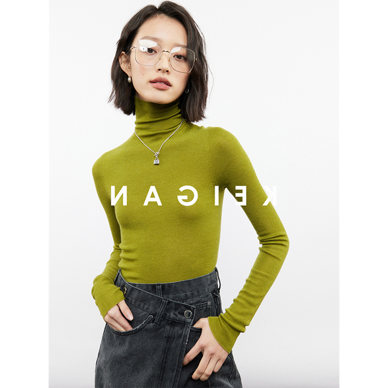 Avocado Green Soft and Stretchy Long-Sleeve Knit Top for Women, Autumn and Winter, Half-High Collar, Slim Fit, Stylish Inner Layer
