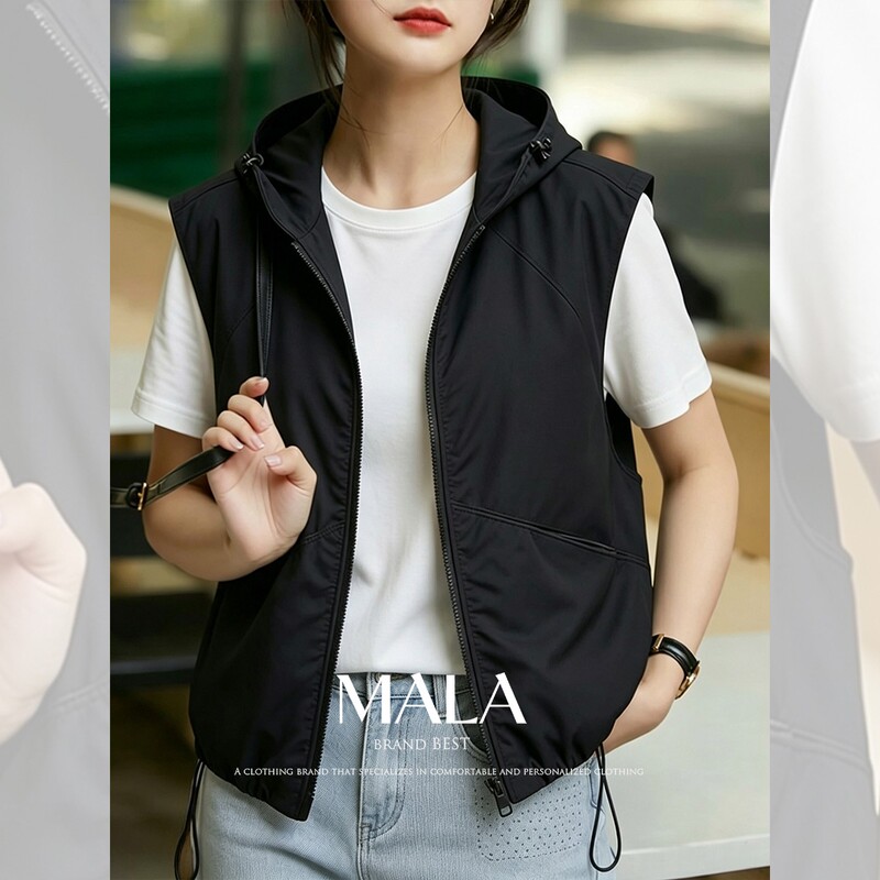 Korean Style Casual Age-Reducing Black Hooded Vest for Women, Sleeveless Jacket with Zipper and Drawstring, Versatile and Lightweight Trendy Vest