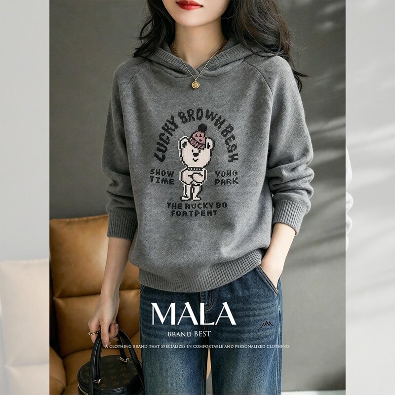 Casual Style Hooded Cartoon Bear Knit Sweater for Women, Fashionable Korean Style, Gray Loose Fit Versatile Long-Sleeve Sweater Top Trendy