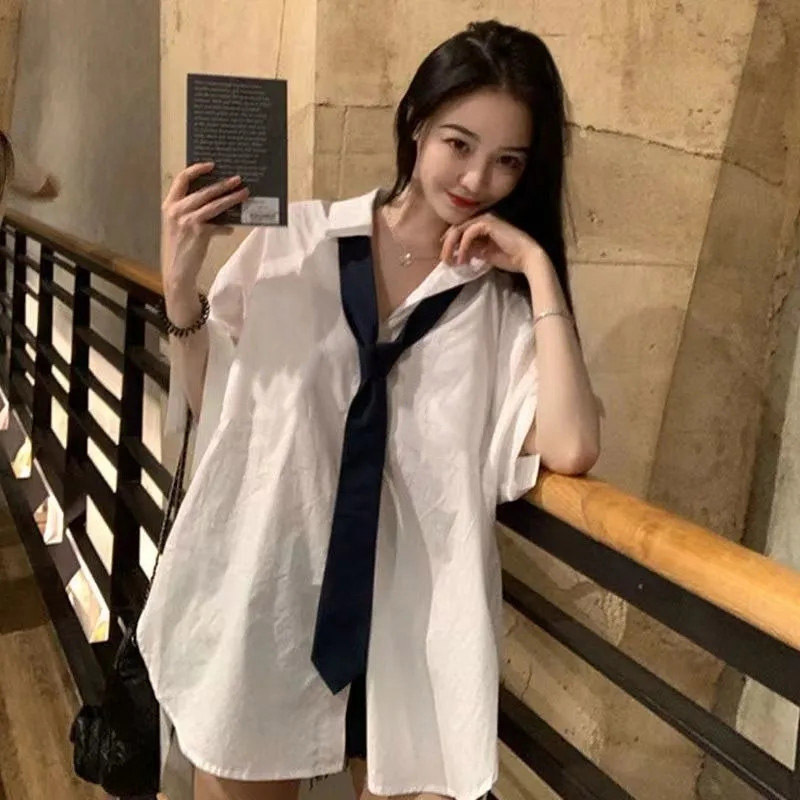 College Style White Shirt for Women, New Summer Loose Korean Style Casual Top, Japanese Style Jk Uniform Tie Short-Sleeved Shirt College Style White Shirt for Women, New Summer Loose Korean Style Casual Top, Japanese Style Jk Uniform Tie Short-Sleeved Shirt