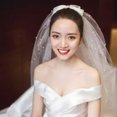 Pearl bow bridal veil Sweet and simple cover-up double wedding dress Korean wedding travel shooting styling veil
