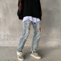 Gangsta GOFB high street base washed knife cut cat whisker hole beggar pants hiphop slim side zipper jeans