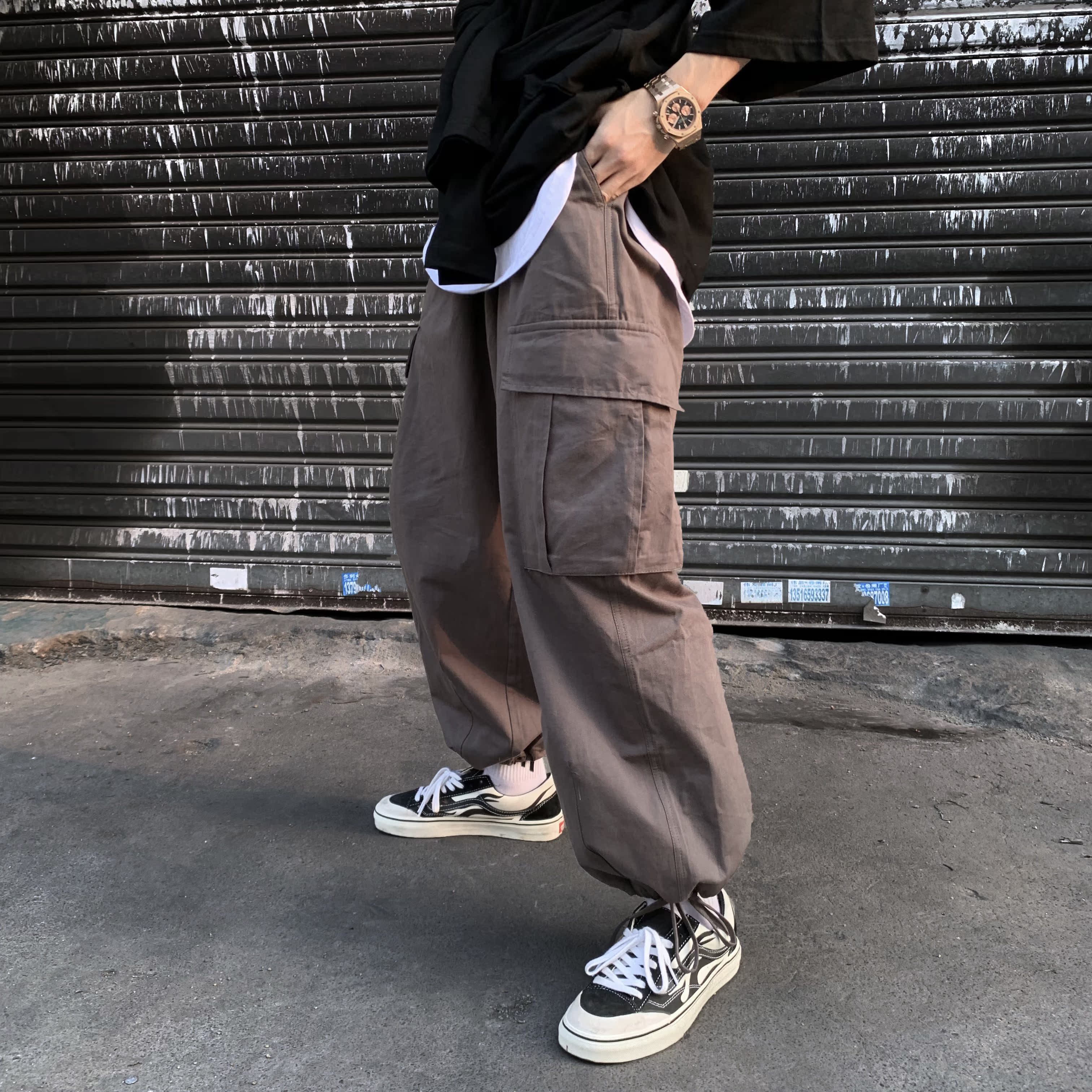 Gangbang overalls nam lỏng lẻo gió lớn túi lớn ba chiều nở chân thẳng quần giản dị quần retro - Crop Jeans quần jogger nam
