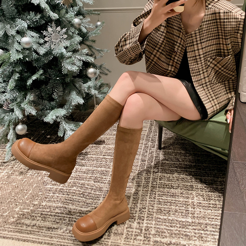 Lingo Studio Small Tube Wai Boots Women's Birdie Legs Leather Leg Boots Square Toe Suede High Cavalier Boots