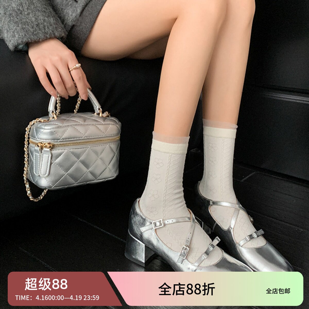 令戈工作室蝴蝶结银色单鞋女2024年新款春秋学院风粗跟玛丽珍鞋潮