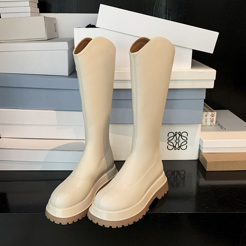 Lingge studio thick-soled riding boots women's fat mm thin high boots color-blocking large-tube college style long boots tide