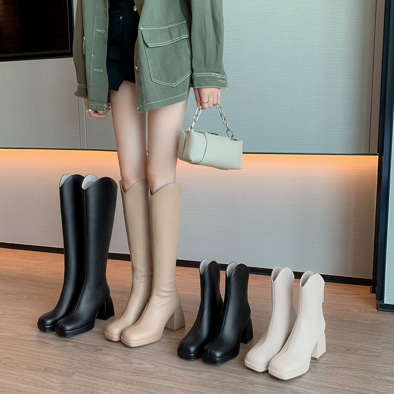 Lingo studio thick-heeled square-toed high-heeled boots women's 2022 new boots v-mouth knight boots leather short boots