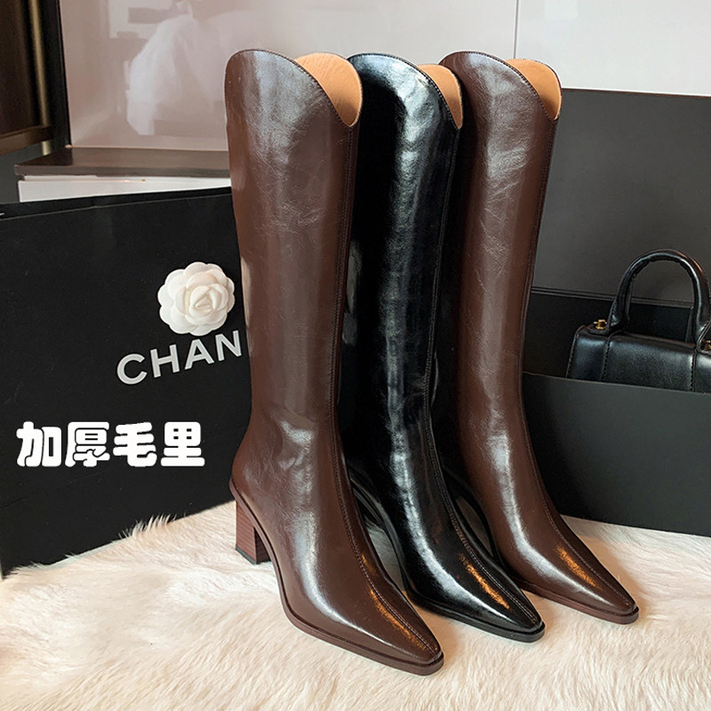 V Mouth Riding Boots Woman 2021 New genuine leather high heel Long cylinder boots with high cylinder Pointed Long Boots Thickened Boots