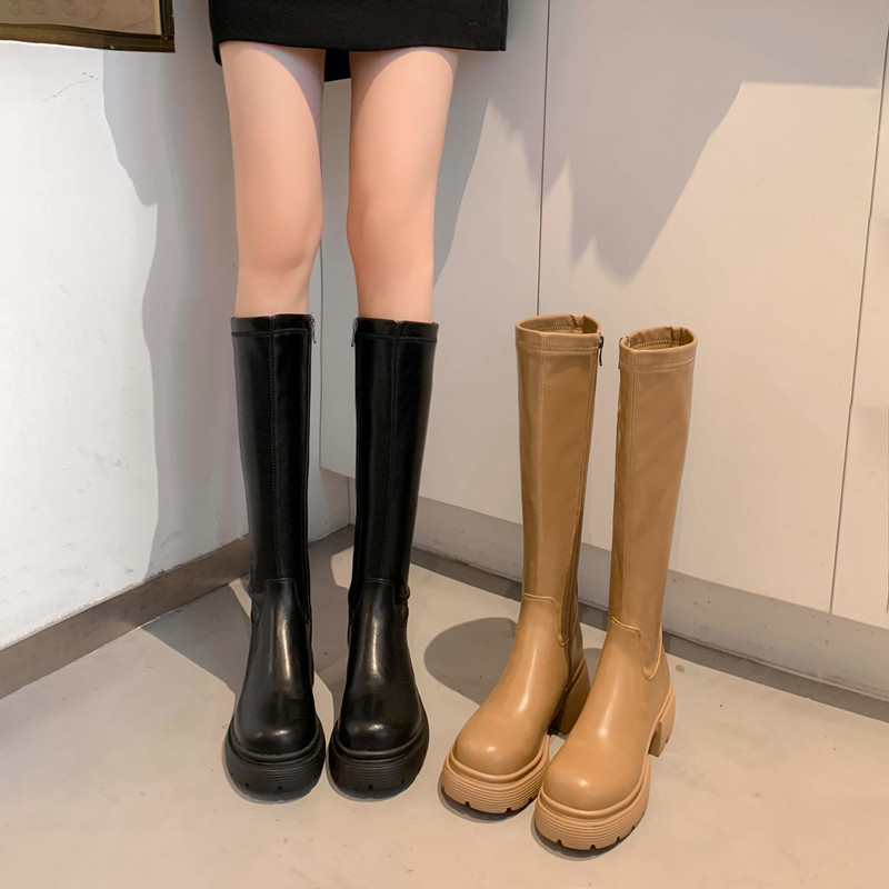 Lingge Studio Korean version thick-soled boots women's 2022 autumn and winter new round head thin boots apricot riding boots