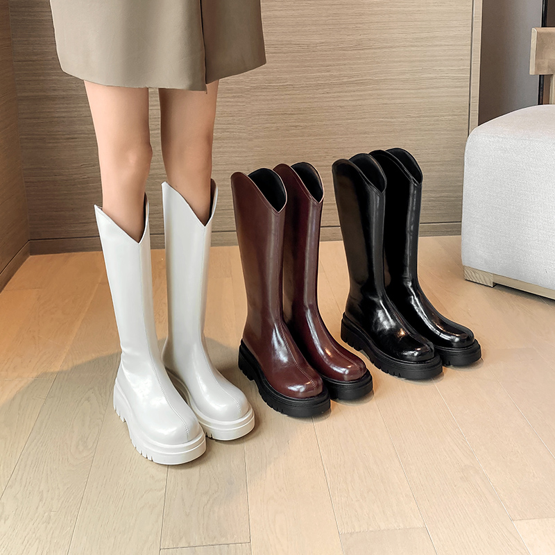 Coarse leg long boot female v mouth thick bottom Fat mm large silo riding boot Lean West Cowboy Boots Thick Bottom High Drum Boots