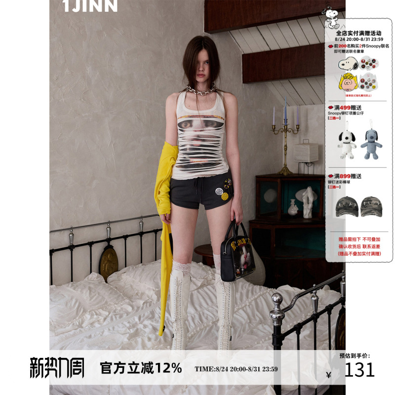 [Same Style as Quan Zhao Mi] 1Jinn Studio Irregular Ripped Biker Cat Print Double-Layer Tank Top