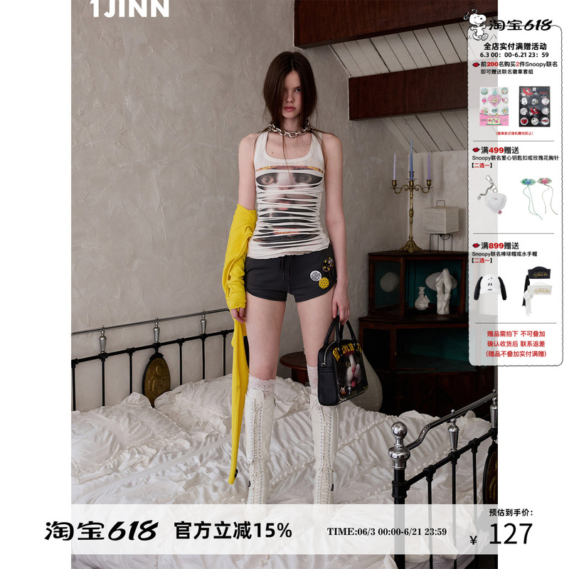 [Same Style as Quan Zhao Mi] 1Jinn Studio Irregular Ripped Biker Cat Print Double-Layer Tank Top