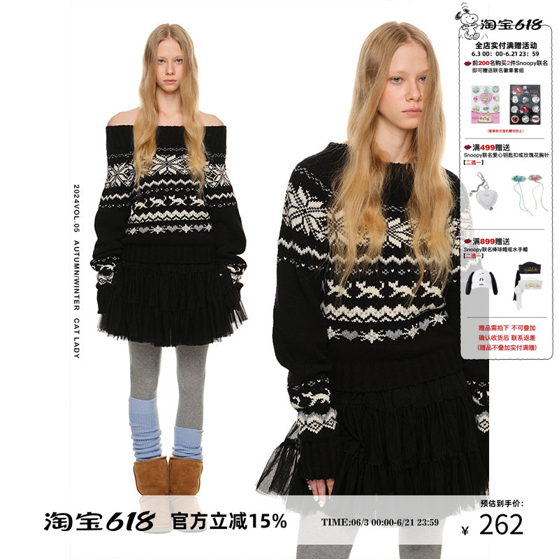 1Jinn Studio Retro Coarse-Knit One-Shoulder Fair Isle Sweater Autumn and Winter Loose Christmas Top Jacket for Women