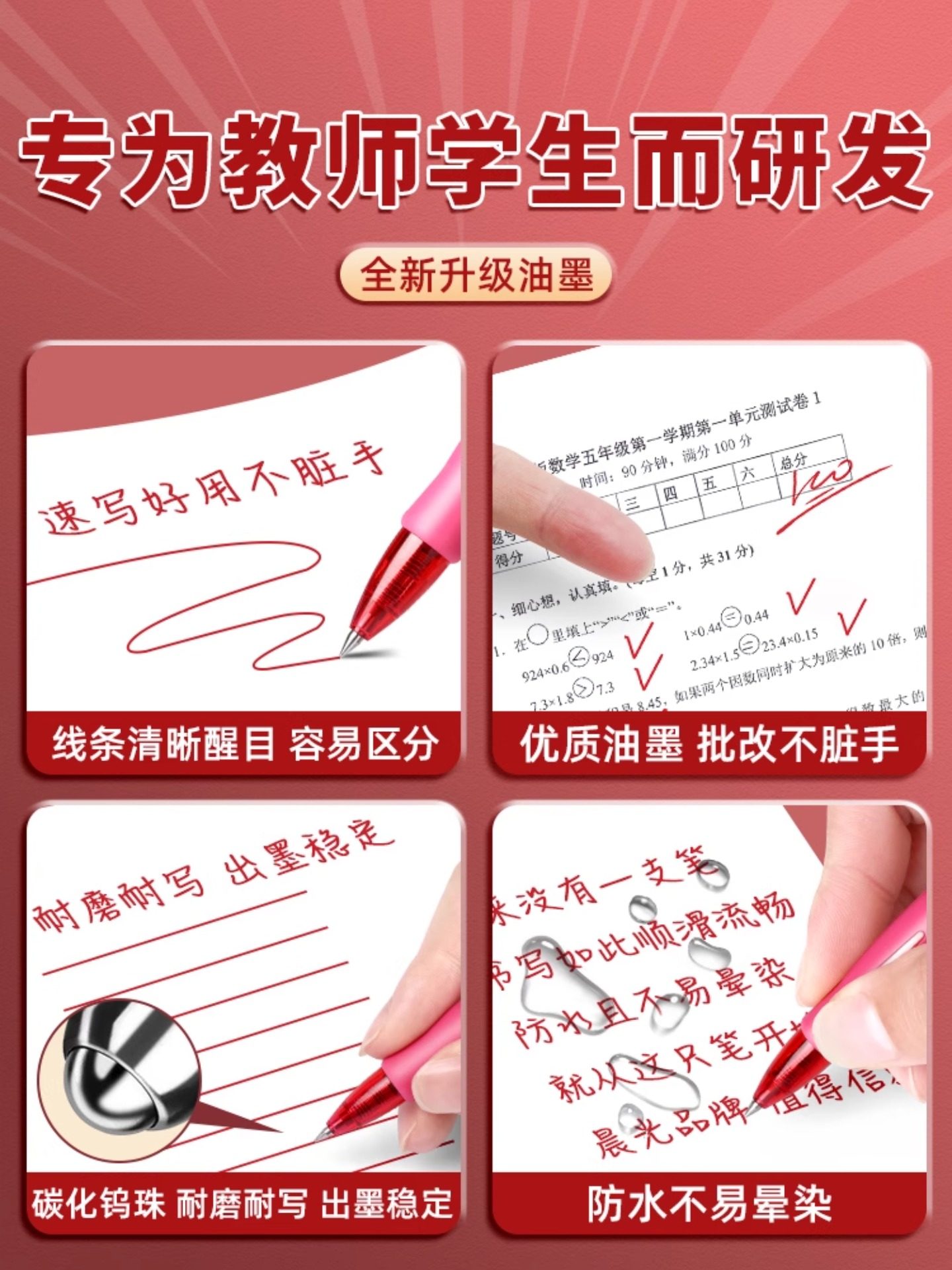 Morning Light Retractable Red Pen for Elementary and Middle School Students and Teachers, 0.5mm Bullet Tip Gel Pen, High-Quality, Large Capacity, Smooth, Quick-Drying Pen for Correcting and Grading Homework