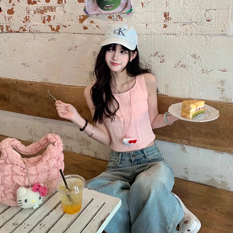 Cuitcuit Pink Sleeveless Ribbed Knit Vest 2025 Summer Loose Slimming Short T-Shirt Top