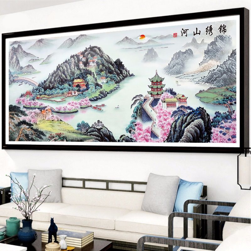 Jinembroidery Mountain River Cross embroidered 2022 new line embroidered living room with great self-embroidered atmosphere landscape painting scenery