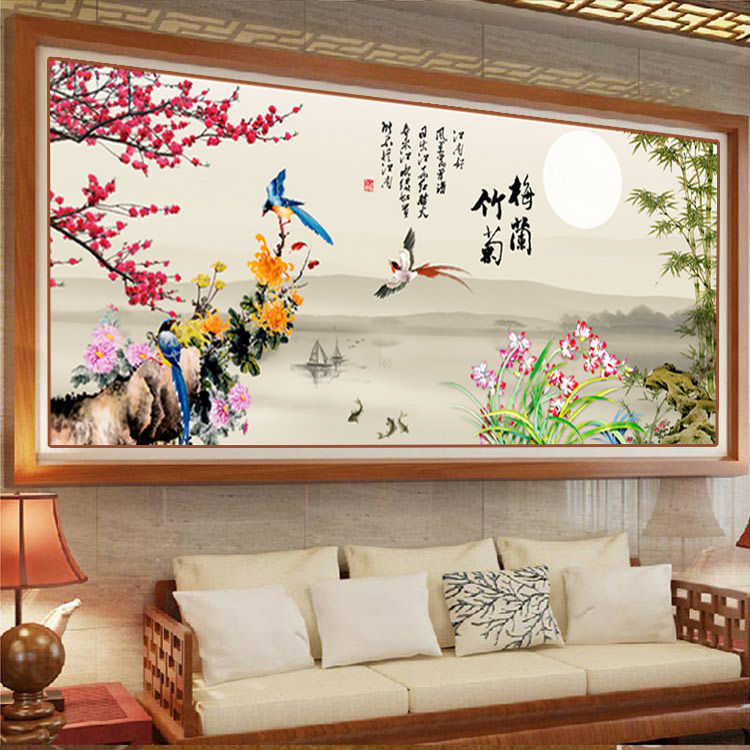 New cross stitch 2022 living room new large-scale thread embroidery 3D printing plum orchid bamboo chrysanthemum scenery plum blossom Chinese style