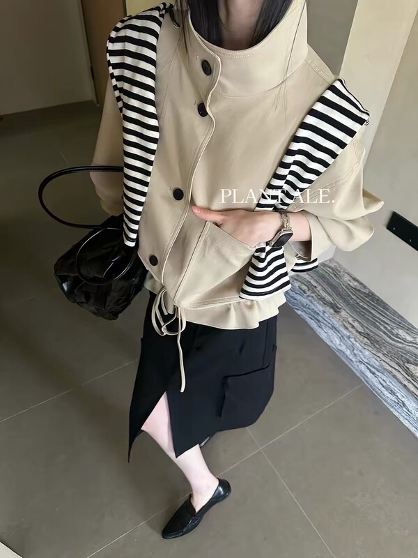 Plant Ale2026 Early Spring New Style Tencel Cotton Stand Collar Short Jacket Women's Drawstring Slimming Jacket W8589