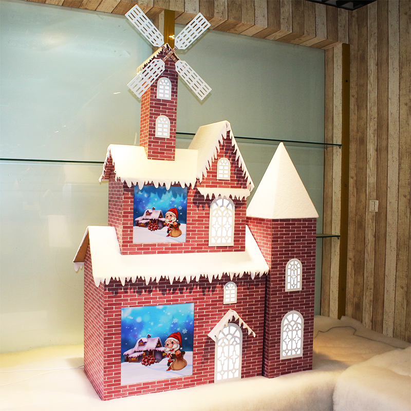 Christmas Snow House Wood Snowhouse Festive Decorations Hem Accessories Electric Rotary Windmill Bright Lights Castle Size