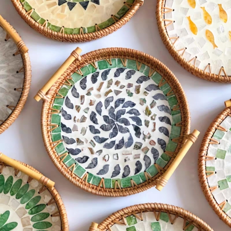 Vietnamese Rattan Tray Shell Tray Fruit Plate Hand-Woven Japanese Bread Blue Steamed Bun Basket Snack Basket Vietnamese Rattan Tray Shell Tray Fruit Plate Hand-Woven Japanese Bread Blue Steamed Bun Basket Snack Basket