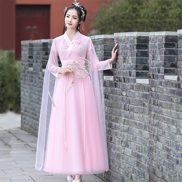 Ancient-Style Hanfu for Women with a Cross-Collar, Fairy-Like Pink Cherry Blossom Design, Fresh and Elegant, Ethereal Ancient Style, Large Wide Sleeves, Suitable for Guzheng Performances in Summer Ancient-Style Hanfu for Women with a Cross-Collar, Fairy-Like Pink Cherry Blossom Design, Fresh and Elegant, Ethereal Ancient Style, Large Wide Sleeves, Suitable for Guzheng Performances in Summer