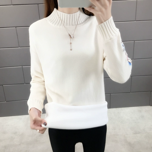 Утепленный свитер, длинное базовое приятное телу трикотажное платье, 2019, оверсайз, с вышивкой