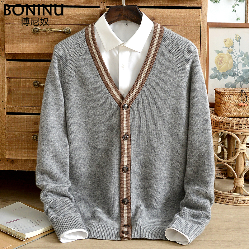 Bonino Autumn and Winter Men's Cashmere Cardigan V Neck Casual Pure Cashmere Sweater Knitted Cardigan Sweater Jacket for Men