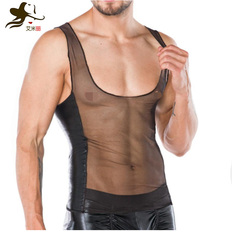 Personality Tight Trend Hyper-Bullet Thin Air Breathability Sensation Men's Net Yarn Transparent Vest Lingerie Gay Seduction Underwear