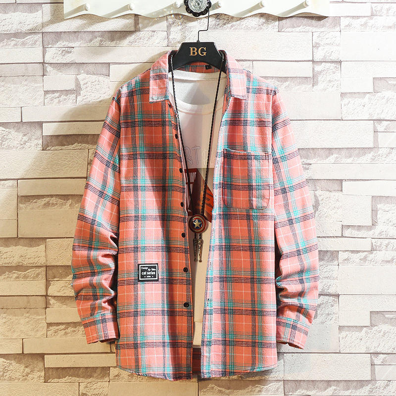 ins spring new pink plaid shirt male trend Korean version handsome car stickers 100 lap jacket personality shirt man