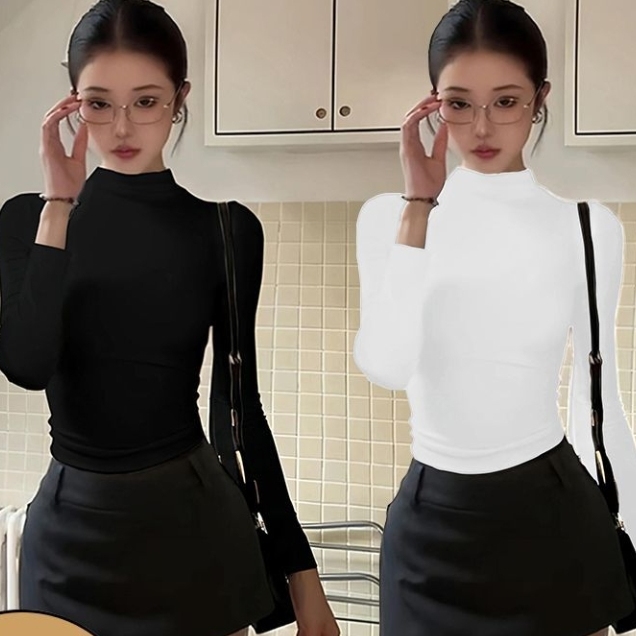 Korean-Style Half-High Collar Black Long-Sleeve T-Shirt Base Layer for Women, New Autumn and Winter Slim-Fit Layered Top Korean-Style Half-High Collar Black Long-Sleeve T-Shirt Base Layer for Women, New Autumn and Winter Slim-Fit Layered Top