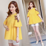 Phụ nữ mang thai mùa hè 2019 thời trang mới mùa hè Phụ nữ mang thai đầm mẹ ngắn tay áo hai dây mùa hè - Áo thai sản