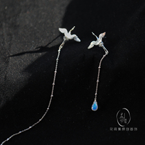 Crane Moon Sterling Silver Natural Moonstone Long Tassel Stud Earrings Painless Ear Clip Personality Asymmetry Original Innovative Chinese