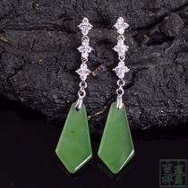  Send certificate natural Hetian jade jasper A goods jade earrings earrings 925 silver ear nails female long high-end jade original