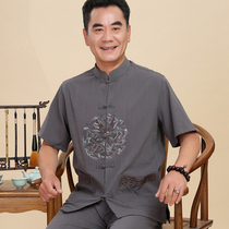 Middle-aged and elderly people Tang suit Chinese cotton linen embroidery Hanfu Chinese style father summer linen half sleeve