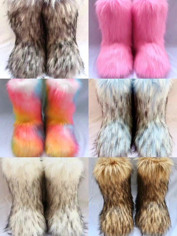 Cute Faux Raccoon Fox Fur Harajuku Style Furry Mid-Calf Fur Boots Y2K European and American Snow Boots