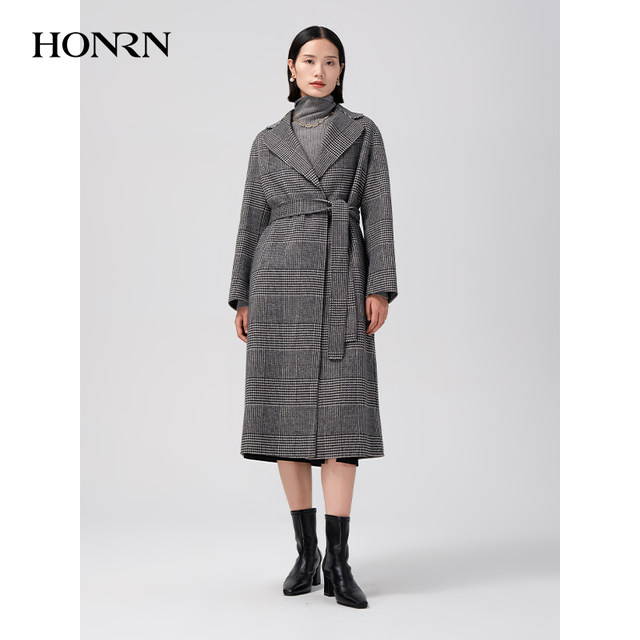 HONRN/Red Man slim-fitting lace-up waist suit collar woolen coat for women in ດູໃບໄມ້ລົ່ນແລະລະດູຫນາວ HG55OD451