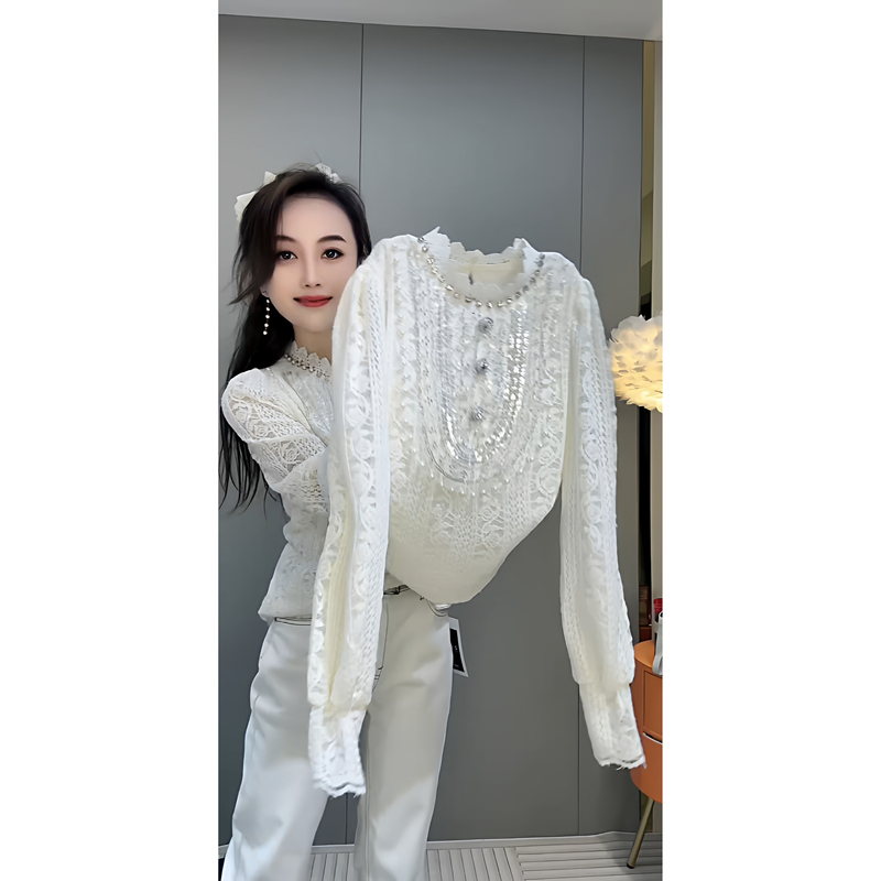 2025 Autumn/Winter New Solid Color Heavy Beaded Sequin Patchwork Long Sleeve Lace Blouse for Women Fashionable Versatile Base Shirt