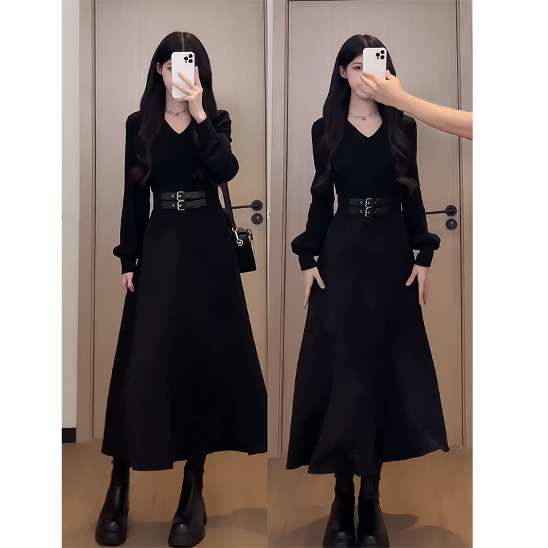 Plus-Size Hepburn-Style Black Elegant Waist-Cinching V-Neck Dress for Women, Autumn Slimming Long Dress with Belt Plus-Size Hepburn-Style Black Elegant Waist-Cinching V-Neck Dress for Women, Autumn Slimming Long Dress with Belt