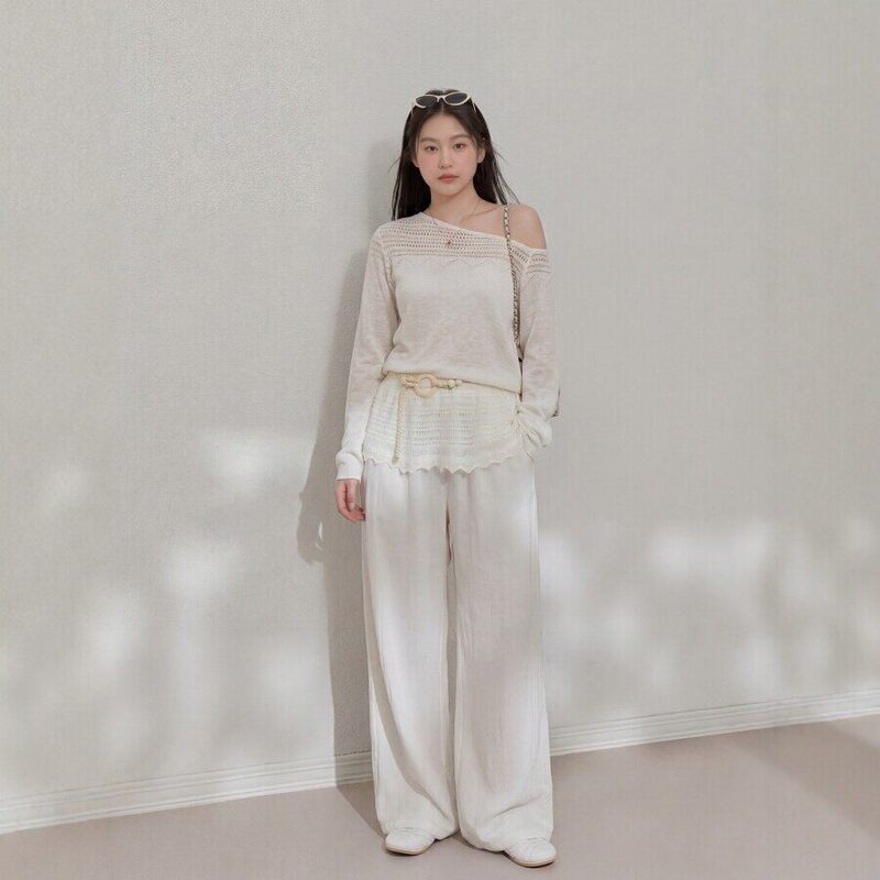 Plus-Size Korean-Style Hollow-Out Design Knit Top and Wide-Leg Pants Set for Summer