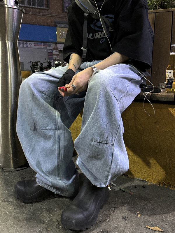 Aurocean Dirty Blue Jeans, Dirty-Dyed, Distressed, Loose Vibe, Three-Dimensional Pleated, All-Season Straight-Leg Pants Aurocean Dirty Blue Jeans, Dirty-Dyed, Distressed, Loose Vibe, Three-Dimensional Pleated, All-Season Straight-Leg Pants