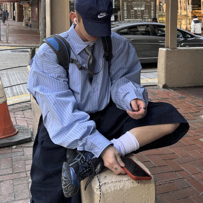 Aurocean Academy Youth Light Blue Pinstripe Shirt Embroidered Hand-Painted Graffiti Texture Oversized Shirt Aurocean Academy Youth Light Blue Pinstripe Shirt Embroidered Hand-Painted Graffiti Texture Oversized Shirt