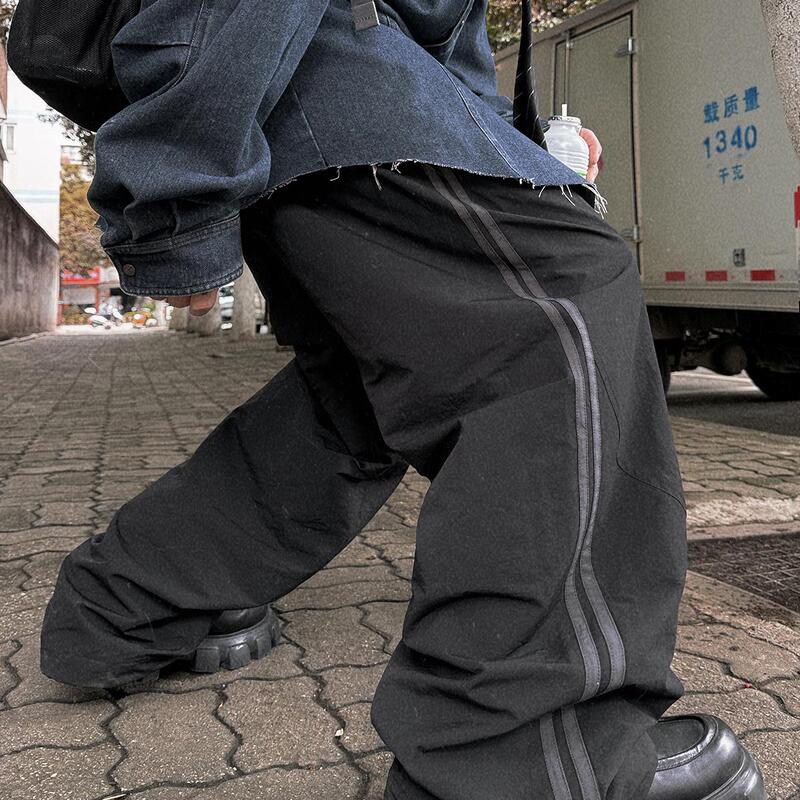 Aurocean Retro Double-Bar Sweatpants, Stacked Loose Deconstructed Patchwork Black Sports Pants