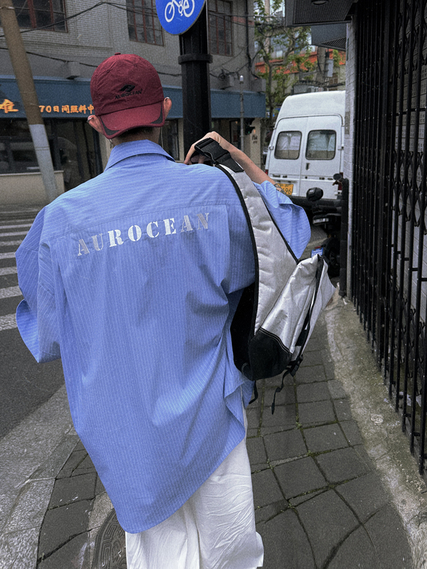 Aurocean Is Big Enough to Be Relaxed in a Pinstripe Shirt, Urban Boy Embroidered Light Blue Short-Sleeved Shirt