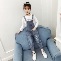 Girl Back Belt Pants Suit Spring Autumn New CUHK Child Han Version Casual Denim jeans Child long sleeves Two sets