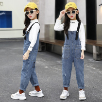 Girl foreign pistachio jeans back with pants 2021 Spring and autumn money Kids Net Red Hanging Band Pants Kid Thin pants Korean version