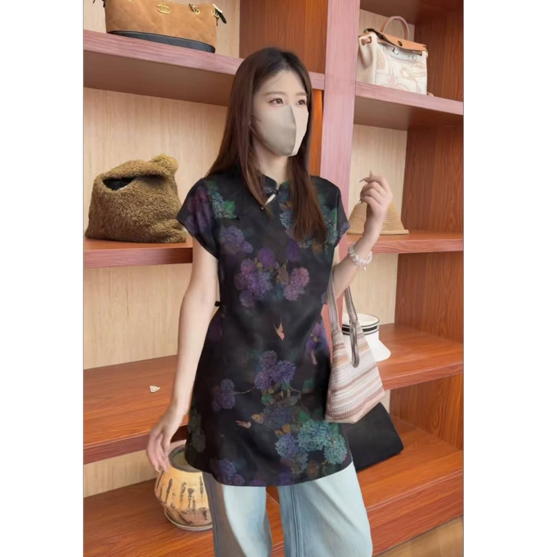 Shan'Er【Colorful Hydrangea】100% Mulberry Silk Xiangyun Fabric New Chinese Style Summer Top for Women