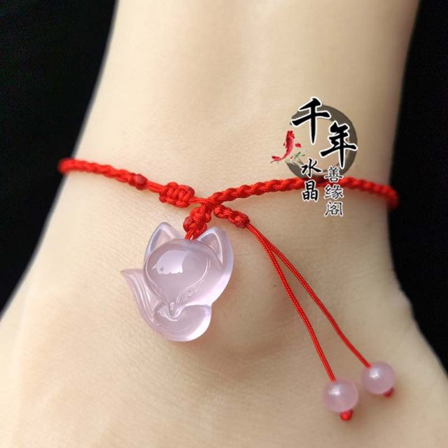 2024 ສີບົວທຳມະຊາດ Crystal Fox Red Rope Bracelet Spirit Fox Peach Blossom Auspicious Lucky Fortune Anklet