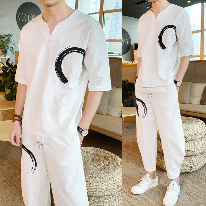 Linen Short Sleeve Men T-Shirt Summer China Wind Loose Two Sets Cotton Linen Casual Hanfu Gats Plus Size Suit