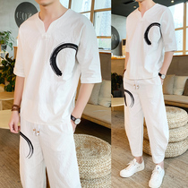 Linen short-sleeved mens T-shirt summer Chinese style loose two-piece cotton linen casual Hanfu plus fat plus size set