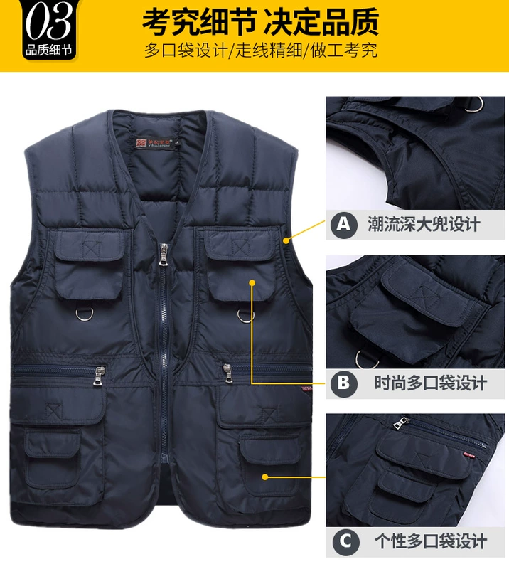 Mùa thu và mùa đông mới trung và già xuống cotton vest nam nhiều túi áo ấm cha tải kích thước lớn ngoài trời ao ba lo nam